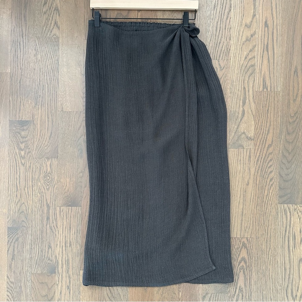 Zoran Vintage Herringbone Textured 100% Linen Faux Wrap Midi Skirt Grey Medium
